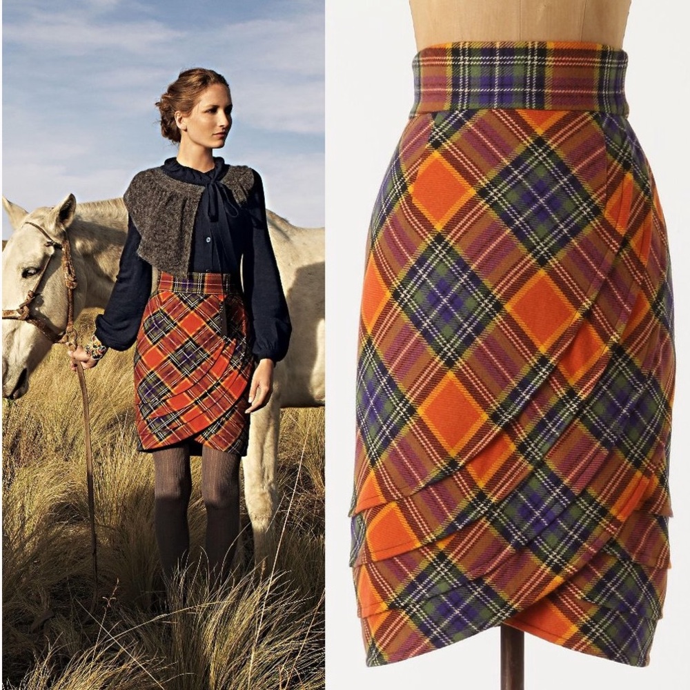 Anthropologie Multicolor Plaid Tulip-Hem Pencil Skirt
